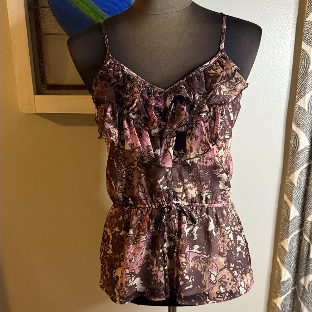 Mudd Y2K Cinched Waist Brown & Pink Ruffled Cami Top SZ Small
